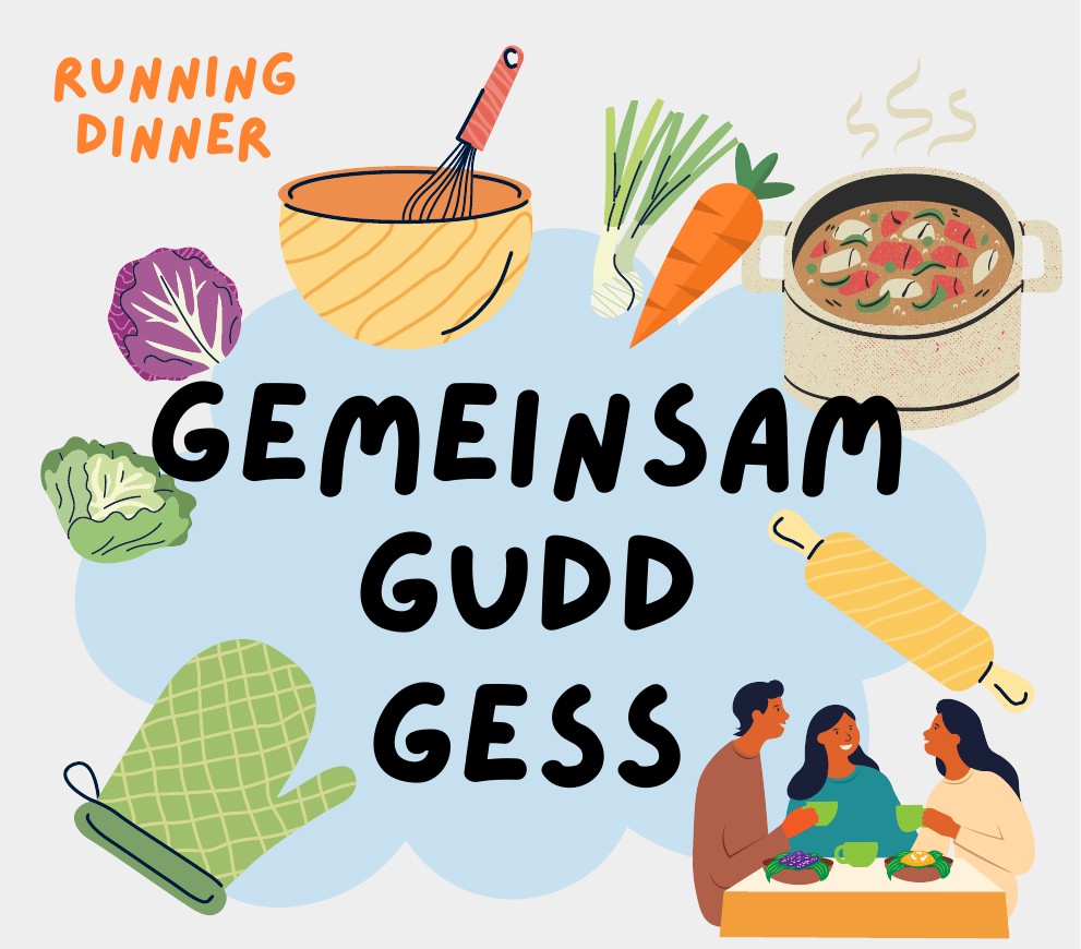 Bunte Kochillustrationen rund um Gemeinsam Gudd Gess: Gemüse, Kochtopf und Menschen beim Essen.